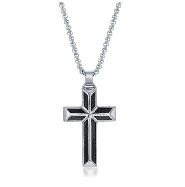 Stainless Steel Black Carbon Fiber Cross Necklace - 24"