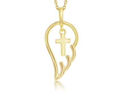 Sterling Silver Gold Plated Angel Wing W/ Cross Charm Pendant
