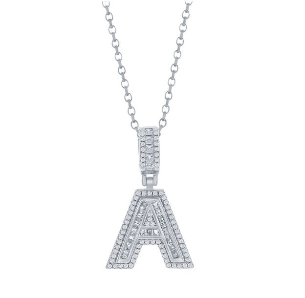 Sterling Silver 'A' Baguette Cubic Zirconia Initial Pendant with Chain