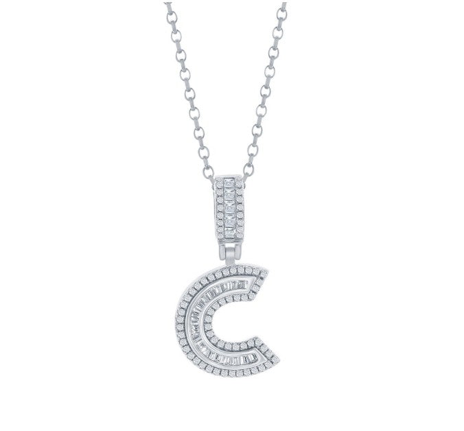 Sterling Silver 'C' Baguette Cubic Zirconia Initial Pendant with Chain