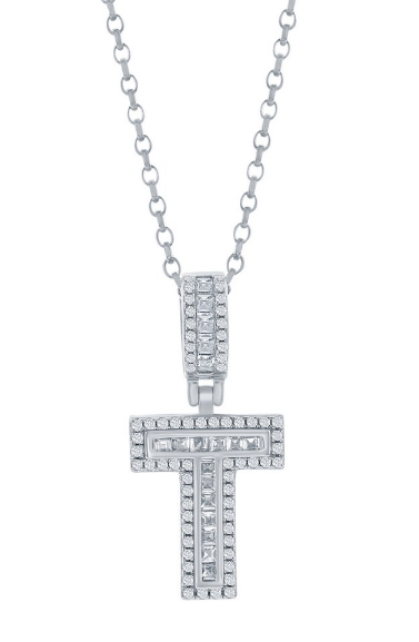 Sterling Silver "T" Baguette Cubic Zirconia Necklace