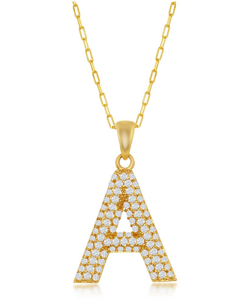Sterling Silver Gold Plated "A" Micro Pave Cubic Zirconia Paperclip Necklace