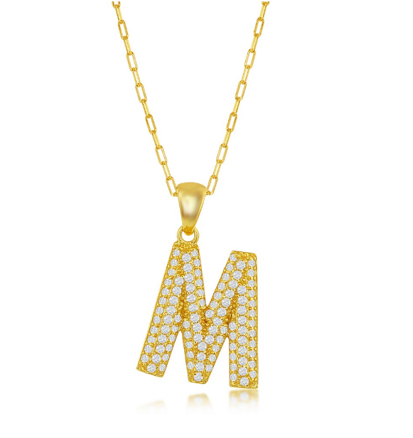 Sterling Silver Gold Plated "M" Micro Pave Cubic Zirconia Paperclip Necklace