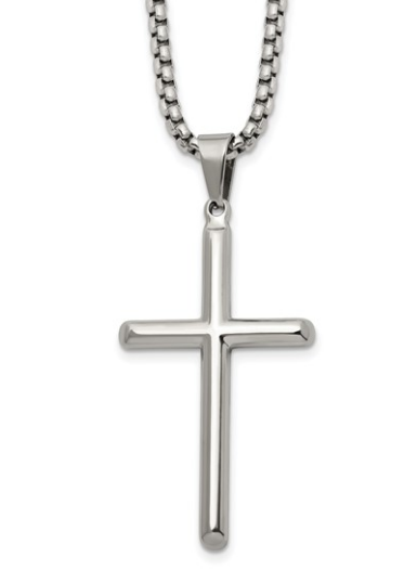 Stainless Steel Polished Cross Pendant Necklace - 24"