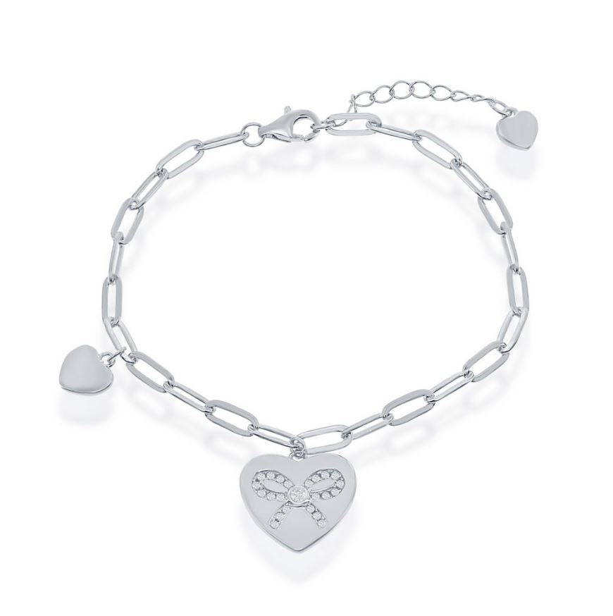 Sterling Silver Heart With CZ Ribbon Paper Clip Bracelet