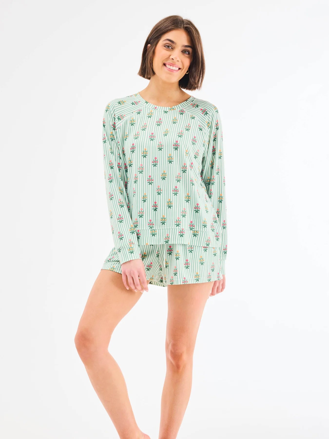 64998 Mary Square The Annie Women's Shorts Set in Cottage Stripes Green