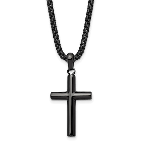 Black Stainless Steel Polished Gun Metal Cross Pendant Necklace - 24"