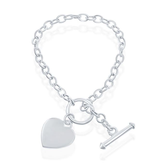 Sterling Silver Engravable Heart Charm Rolo Chain Toggle Bracelet