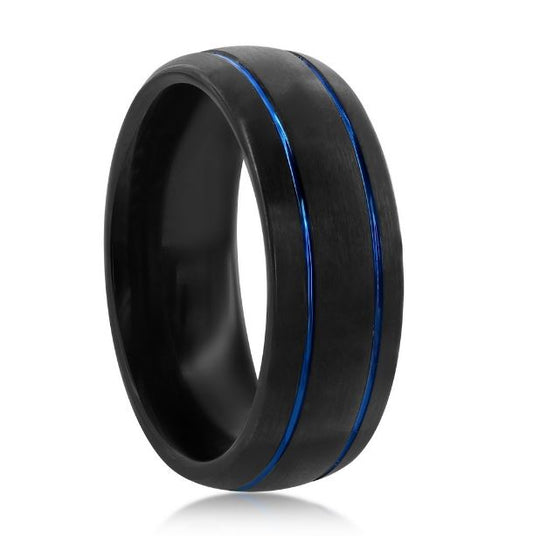 Men's Black & Blue Double Stripe Tungsten Ring
