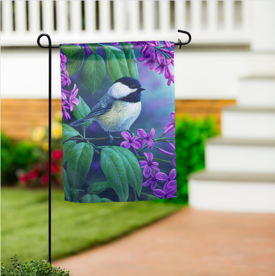 Chickadee on Lilac Suede Garden Flag
