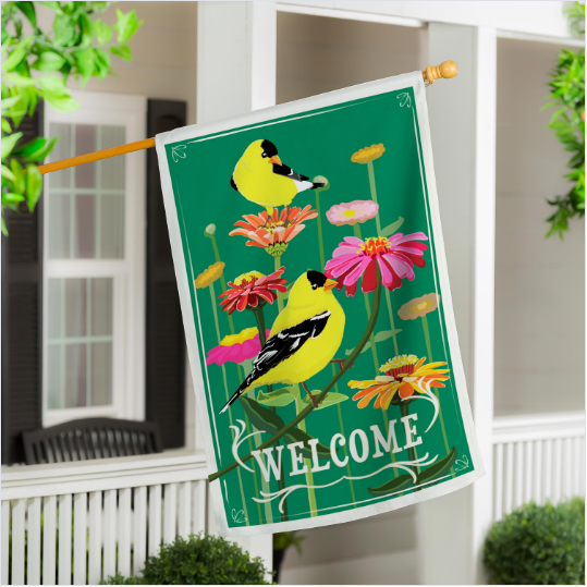 Finches & Flowers Applique House Flag