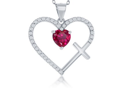 Sterling Silver Cubic Zirconia Cross & Heart Pendant - Ruby Cubic Zirconia