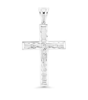 Sterling Silver Rhodium Diamond Cut Crucifix Pendant