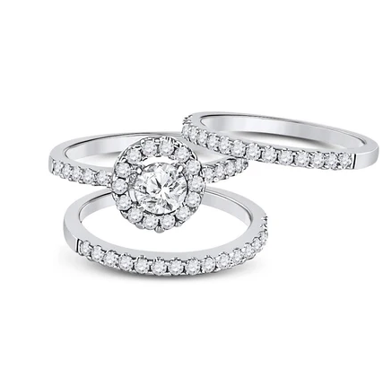 Sterling Silver 3 Band Halo Circle Cubic Zirconia Wedding Set