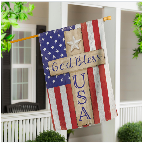 13B13622 Evergreen Patriotic Cross Burlap House Flag
