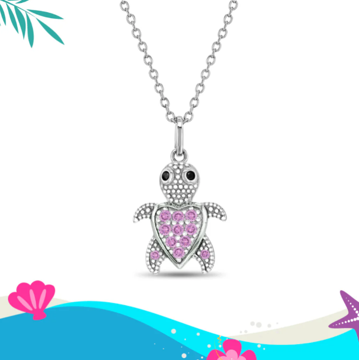 Sterling Silver Adorable Pink Cubic Zirconia Turtle Children's Necklace