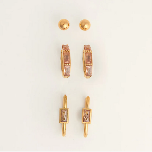 Narelle Waterproof Rectangle Hoop Earrings Trio in Gold