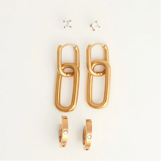 Narelle Waterproof Double Linked Hoop Earrings Trio in Gold