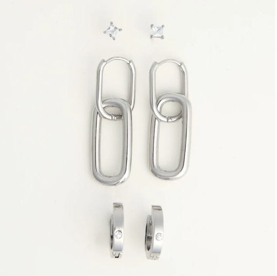 Narelle Waterproof Double Linked Hoop Earrings Trio in Silver