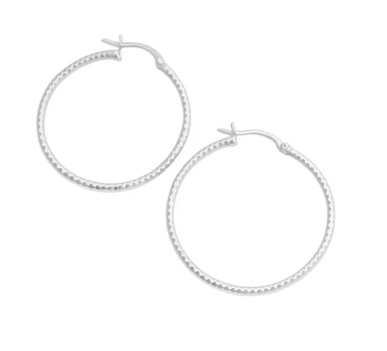 Sterling Silver Silver Tone 2mm Thick 30mm Round Diamond Cut Hoop Earrings