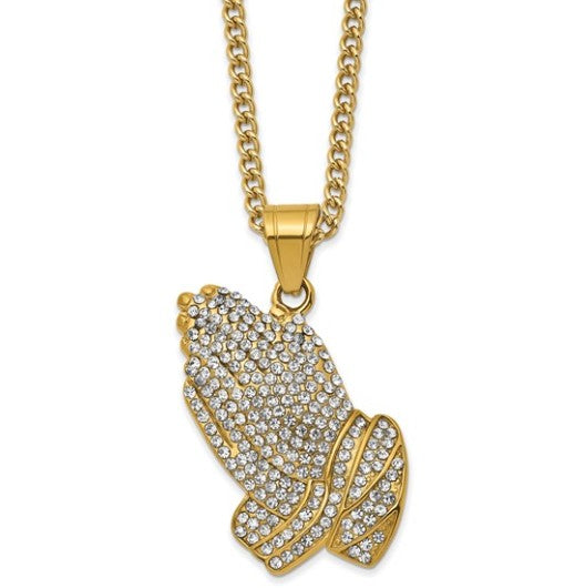 Stainless Steel Polished Yellow IP-Plated with Crystal Praying Hands with 24" Curb Chain