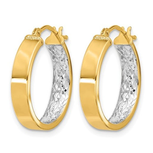 10K Yellow Gold with White Rhodium Polished & Diamond Cut Hoop Earrings