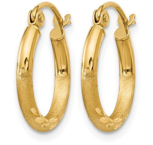 10K Yellow Gold Satin & Diamond Cut 2mm Round Tube Hoop Earrings