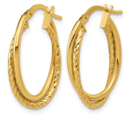 10K Yellow Gold Polished Textured Oval Hoop Earrings