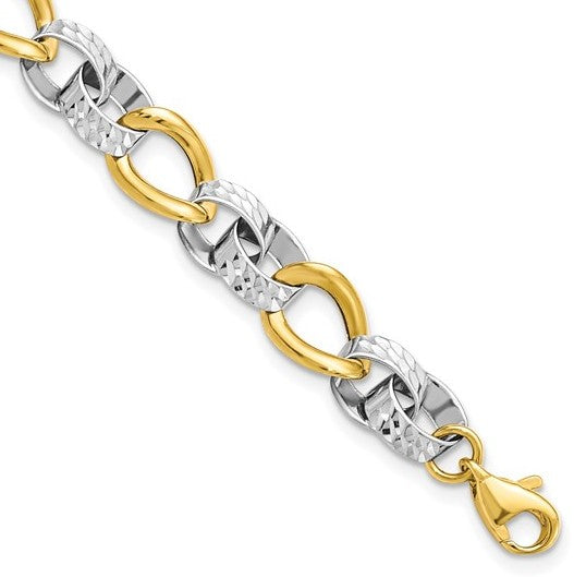 10K Two Tone Polished & Diamond Cut Link Bracelet - 7.5"
