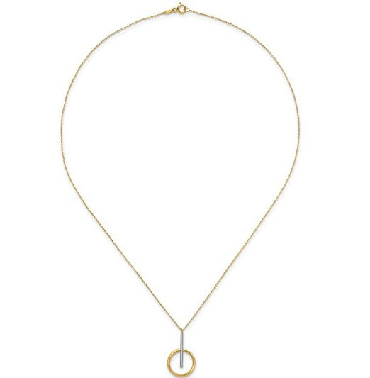 10K Yellow Gold with White Rhodium Polished Bar with Circle Pendant Necklace