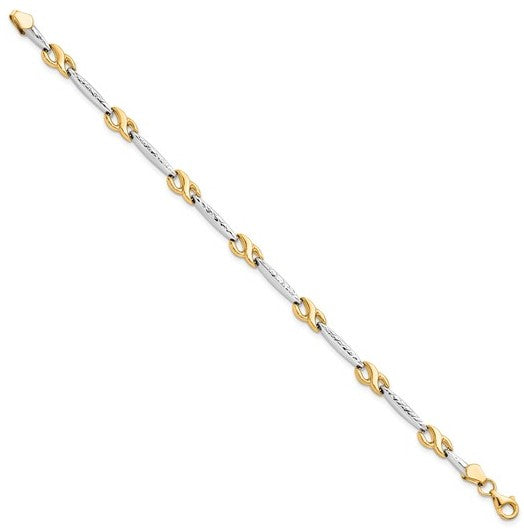 10K Yellow Gold with Rhodium Diamond Cut Long Link Bracelet - 7"