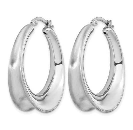 Sterling Silver Rhodium Plated Polished & Brushed Oval Hoop Earrings