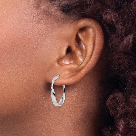 Sterling Silver Rhodium Plated Polished Oval Twisted Hoop Earrings