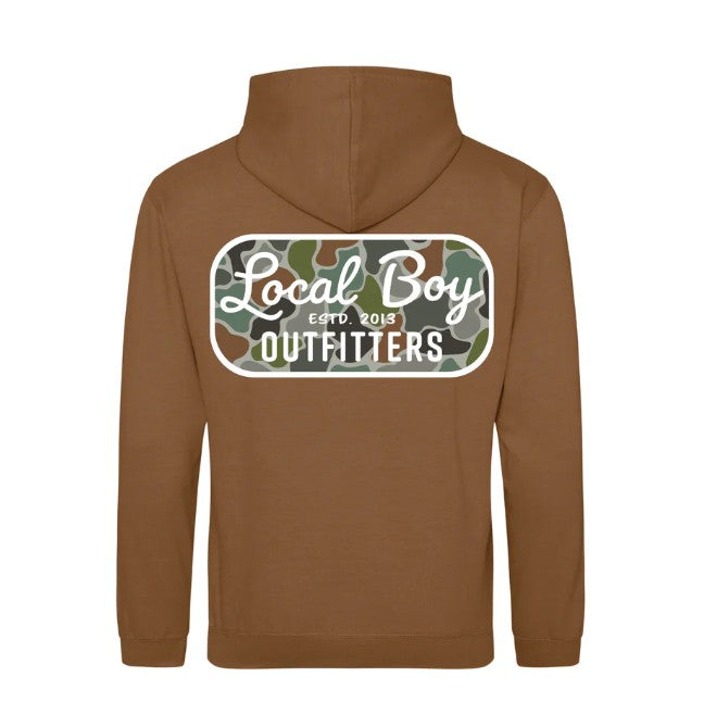 Local Boy Brushwood Hoodie - Retro Patch Forest Camo in Caramel Toffee