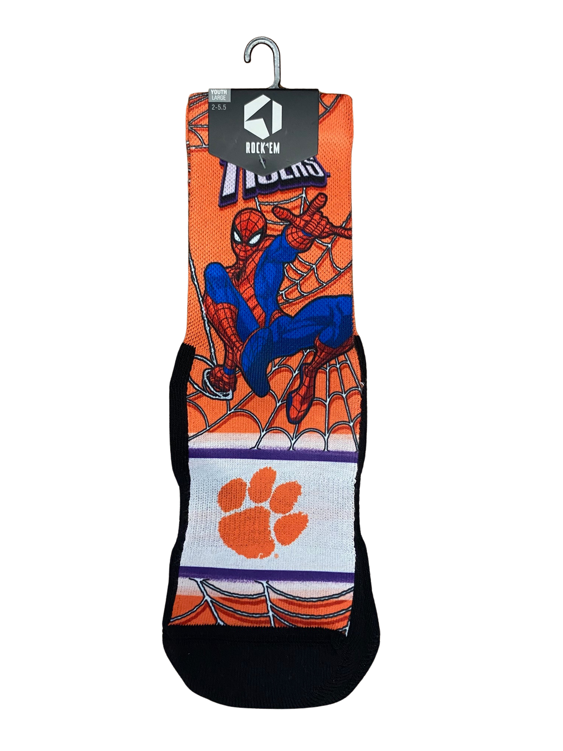 CL-MARVEL-CLEM-WEBSOUT-YTHL Clemson Tigers Spiderman Socks YTHL 0