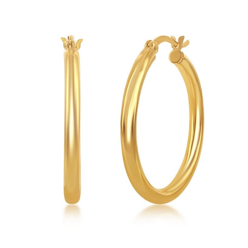 Sterling Silver Gold Plated High Polished Hoop Earrings - 3x30mm