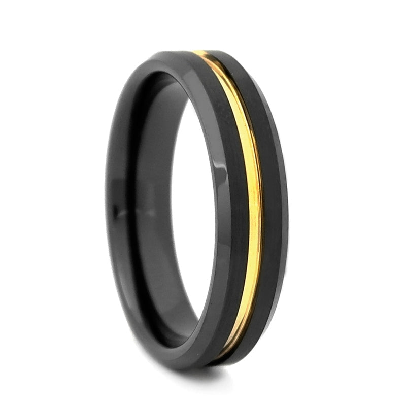 Comfort Fit Black High-Tech Ceramic Wedding Band With Gold Plated Groove - 6MM