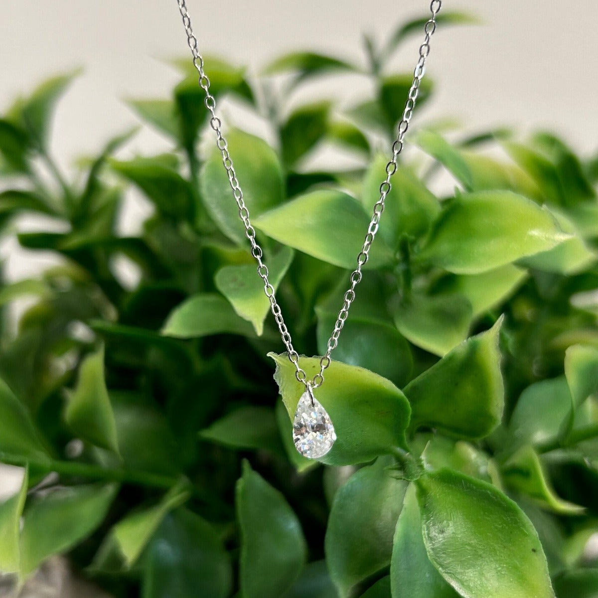 Sterling Silver 5MM Pear Cubic Zirconia Stud Necklace