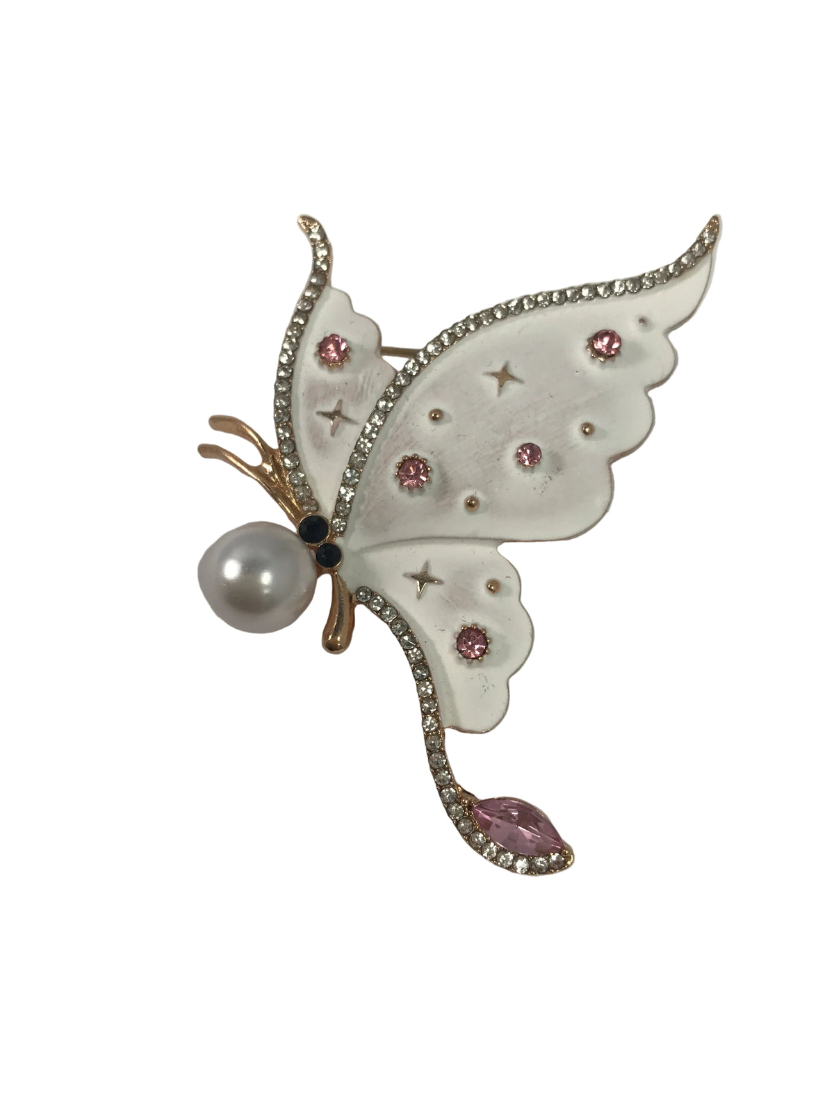 APA15526 Gold Tone White Pink Stone Pearl Butterfly Brooch 0