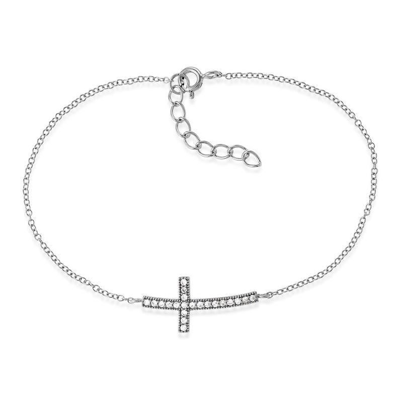 Sterling Silver Micro Pave CZ Curved Sideways Cross Bracelet