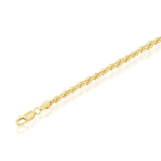 Sterling Silver Gold Plated Solid Diamond-Cut 3mm Rope Chain -24"