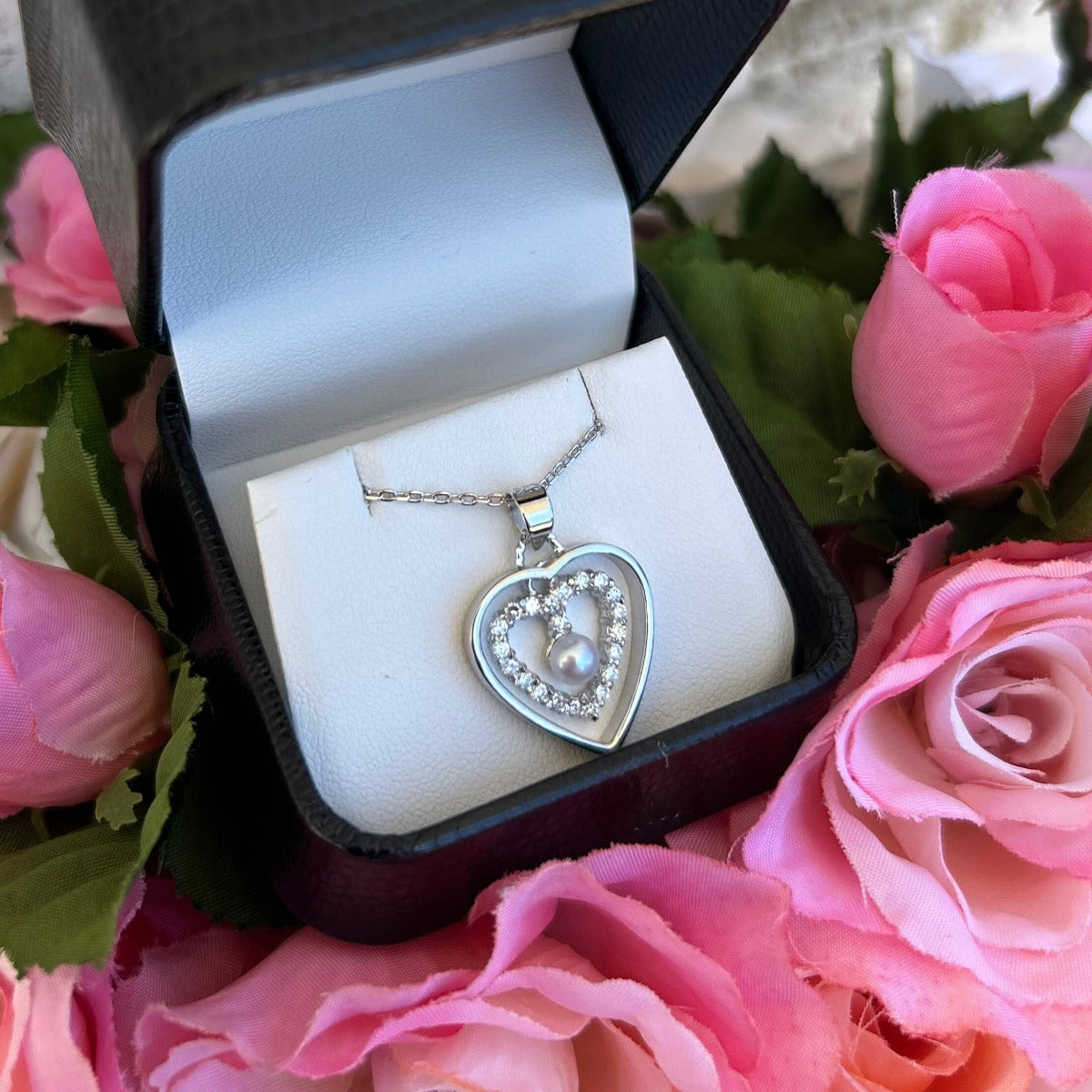 Sterling Silver Cubic Zirconia & Pearl Double Heart Pendant