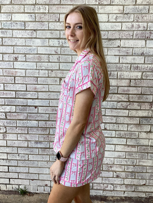 PP-0126-YTH-BTNSET-BOWSTR Youth Girls Simply Southern PJ Set in Pink Bow Stripe