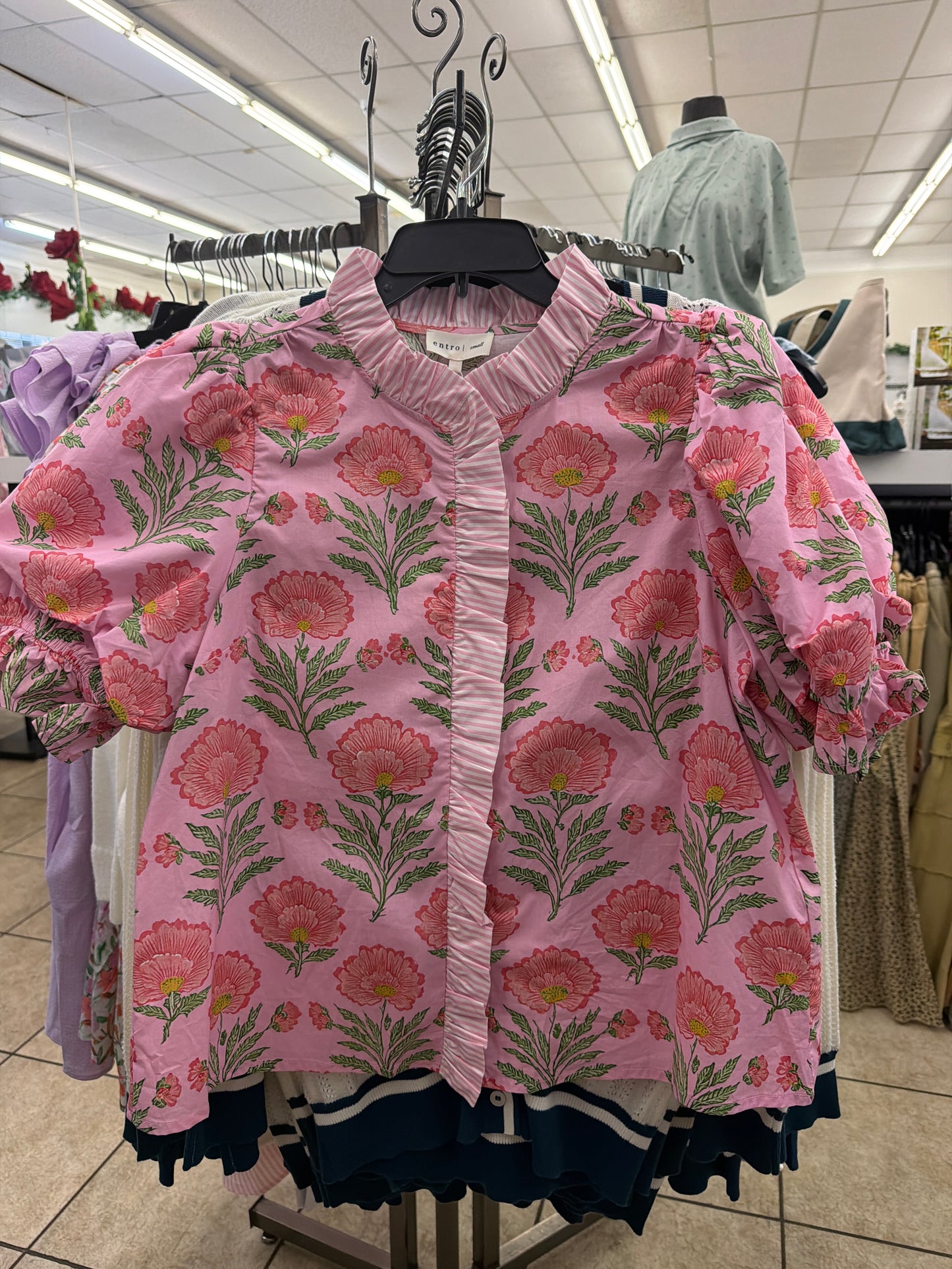 T30269 Entro Sweet Magnolia Ruffle Blouse Pink