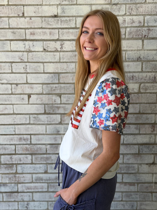 7877B-UF Emma & Grace White Sequin American Flag Top