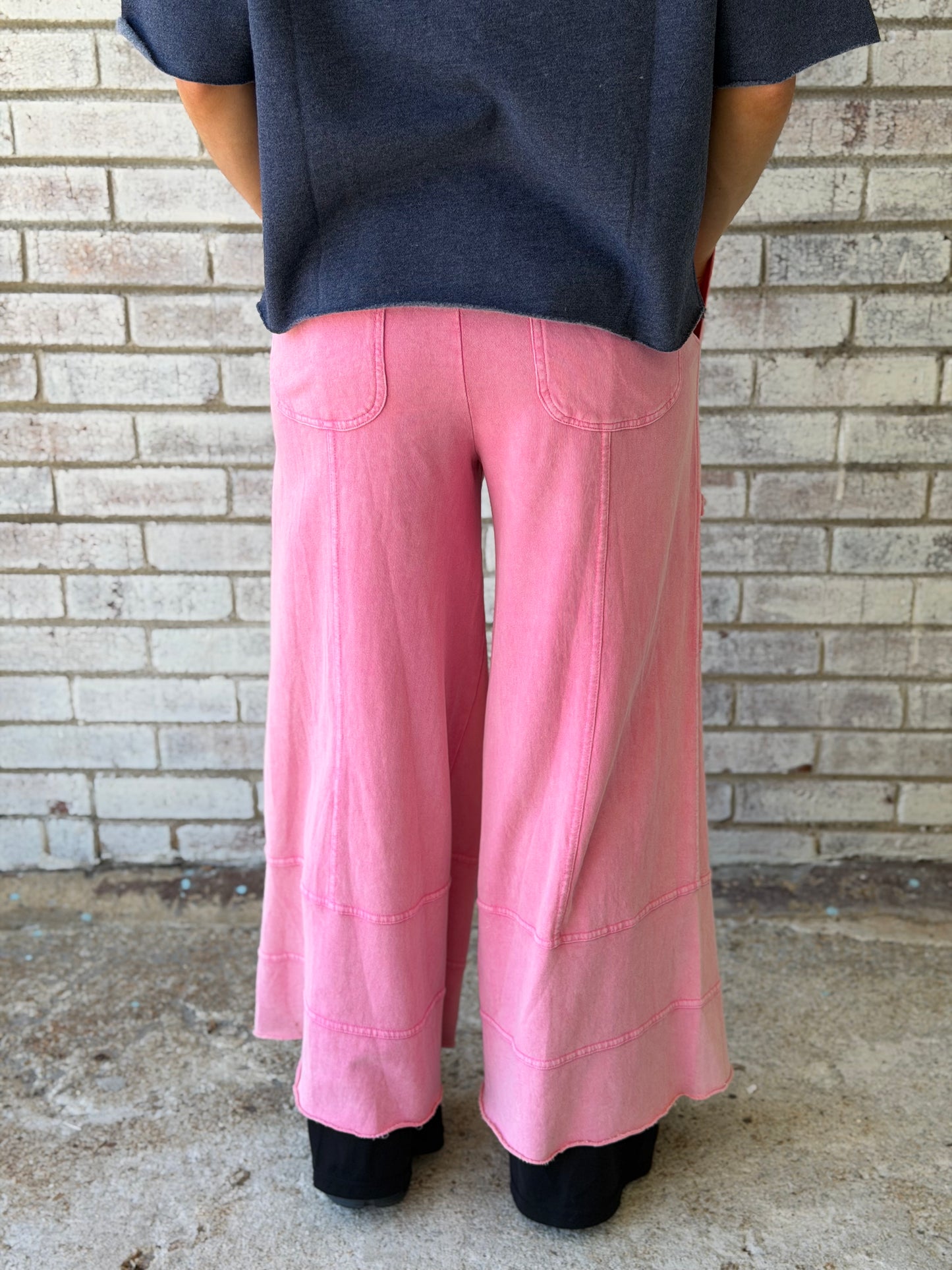 EB41308 Easel Barbie Pink Wide Washed Terry Wide Leg Ginny Pant