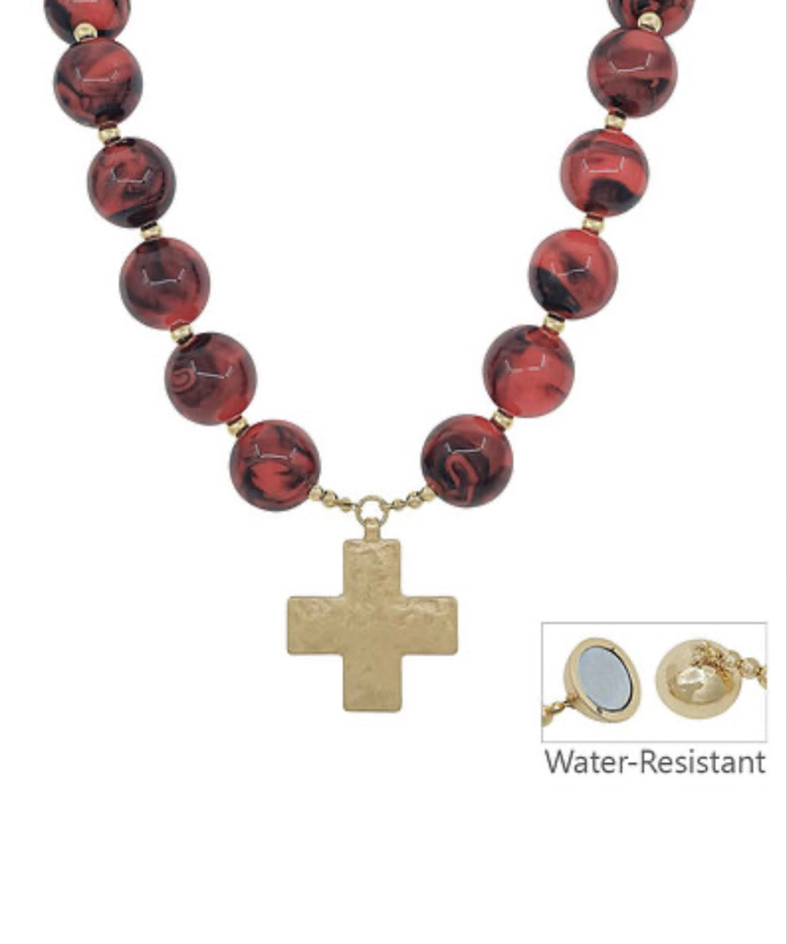 NN88378-005 Fashion Jewelry 20mm Beads and Cross Charm Necklace Burgundy 0