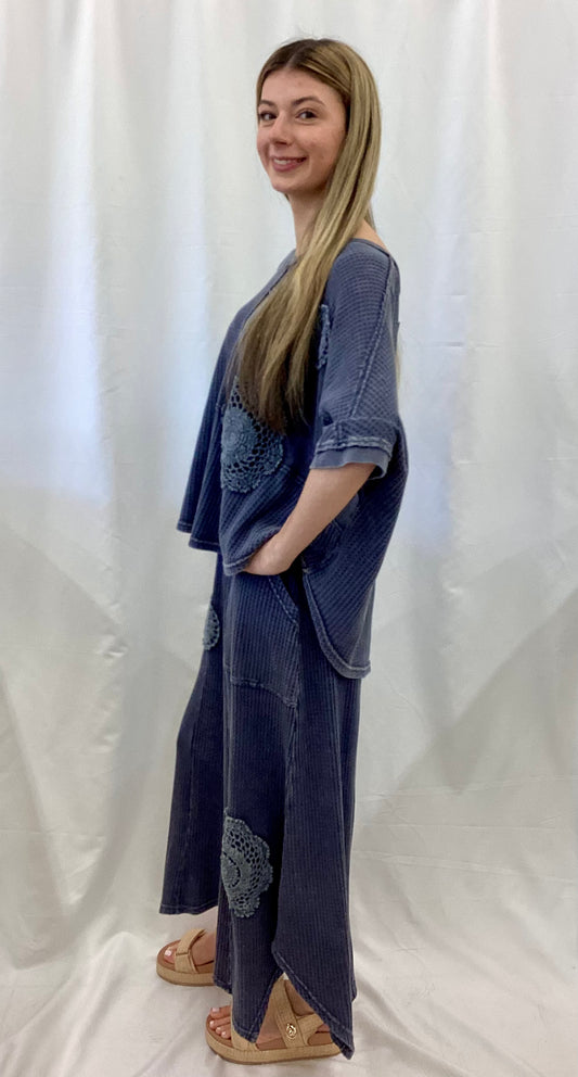 ET27947 Easel Midnight Blue 3/4 Sleeve Crochet Patch Top