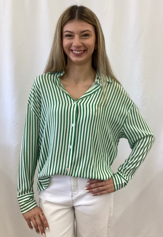 7660B-GN Grace & Emma Kathryn Button Up Green Stripe Shirt