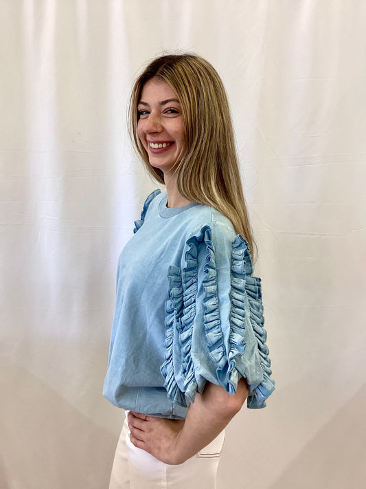 ET28355 Easel Bubble Ruffle Sleeve Top Dusty Blue